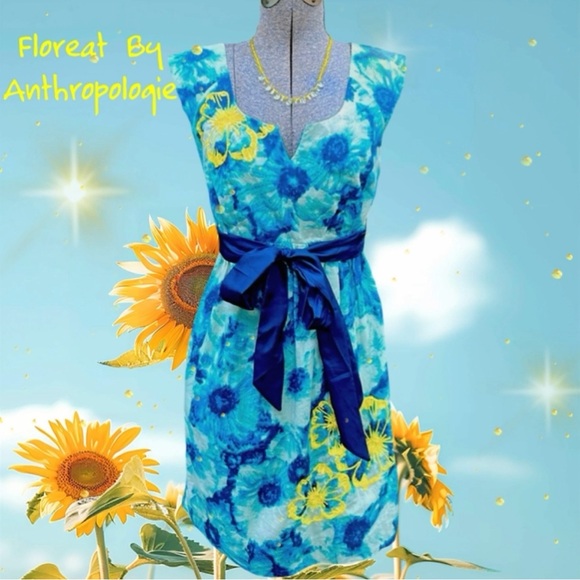 FLOREAT BY ANTROPOLOGIE  BLUE FLORAL / YELLOW SEQUINS SUMMER DRESS - 4P 💙🌸👗 - Picture 1 of 14